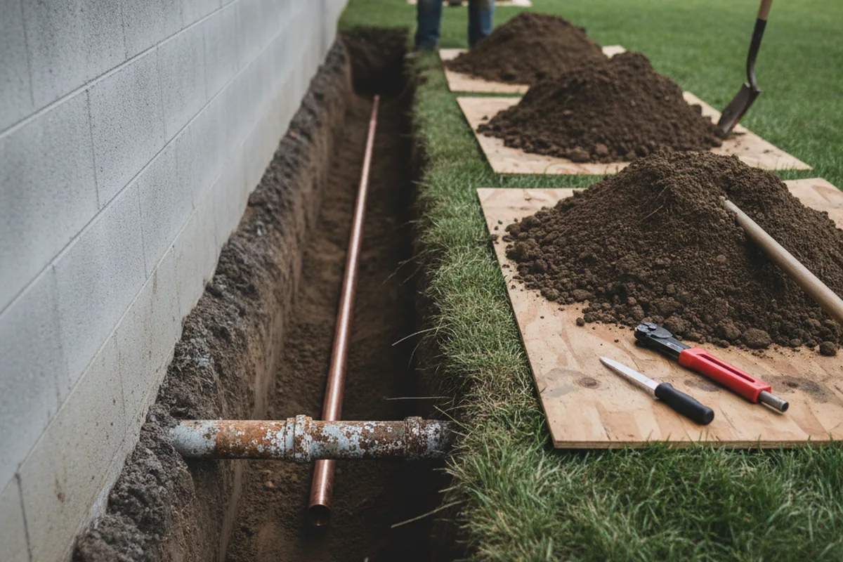 Excavated water line trench during Water Heater Repair in Bend